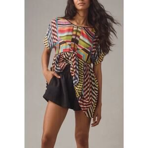 Anthropologie Conditions Apply Patchwork Stripe Babydoll Tunic XL Rainbow Artsy